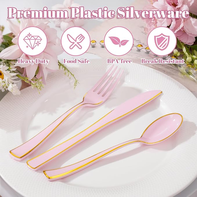 WDF 180 Pieces Pink Plastic Silverware with Gold -Pink Plastic Utensils Set - 60 Guest Cutlery Disposable for Birthday Party Baby Shower Wedding Spring