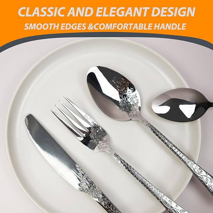 Runfly Vintage Carved Floral Silver Silverware Set for 4, Stainless Steel 20-Piece Flatware Set with Knife/Fork/Spoon, Cutlery Set for Home and Kitchen, Modern Utensil Set