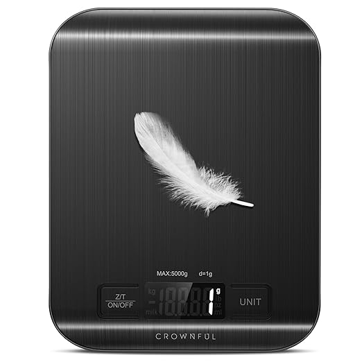 CROWNFUL Food Scale, 11 lb Digital Kitchen Scales with Built-in Coin Battery, Weight Ounces and Grams for Cooking and Baking, 6 Units with Tare Function, LCD Display, 304 Stainless Steel, Black