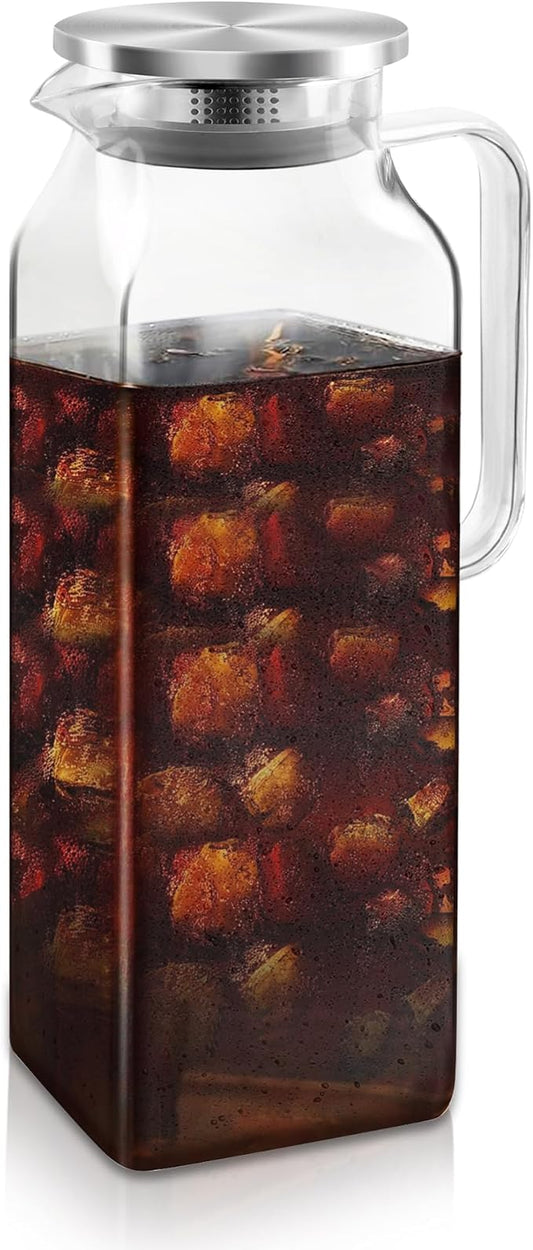 68 oz Borosilicate Square Glass Pitcher with Lid and Spout, Heat Resistant -4°F to 302°F, Lightweight Water Pitchers, Water Jugs, Glass Carafe with Handle, Ideal for Fridge Storage(1Pack)