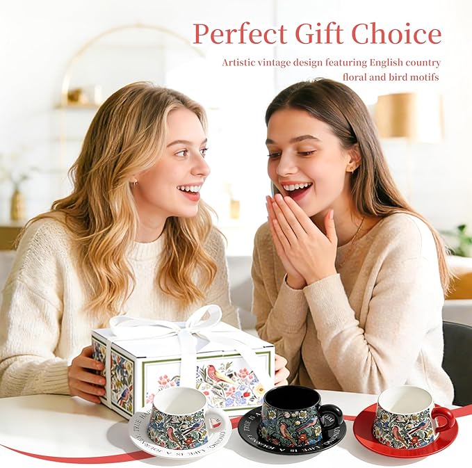 Ceramic Cup and Saucer Set, Luxurious Coffee/Tea Mug, Vintage Beautifully Printed Cups with Handle Practical Gifts for Women Housewarming/Birthday/New Year/Valentine's Day/Mother's Day, 8.8oz (Red)