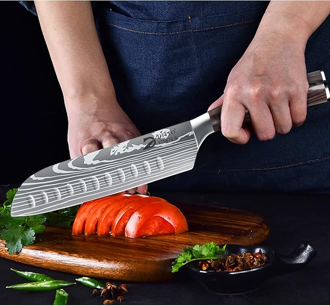 Dfito Chef Knife Sets with Roll Bag, 9 Pieces Professional Knife Set, High Carbon Stainless Steel Kitchen Chef Knife Set, Red Pakkawood Handle, Dishwasher Safe