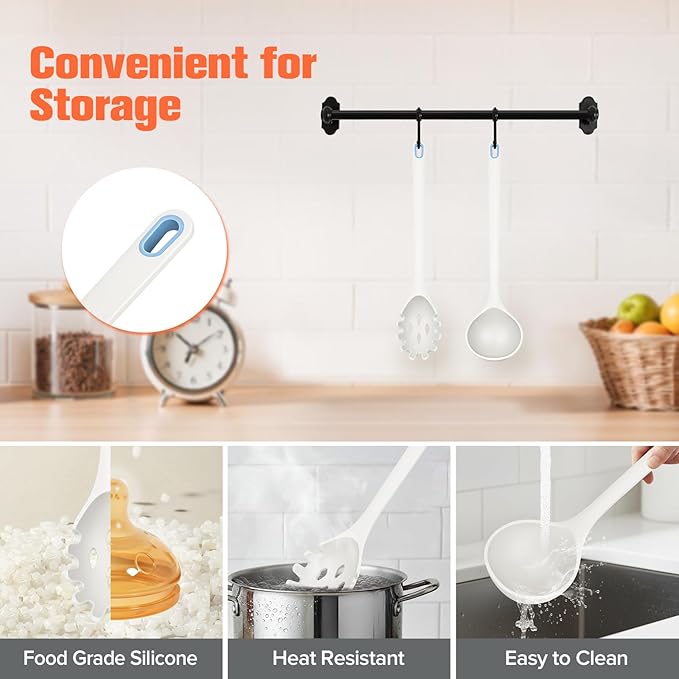 Silicone Spaghetti Spoon&Soup Ladle Cooking Utensils Set of 2,No Scratch for Nonstick Cookware,BPA Free, 450℉Heat Resistant (White)