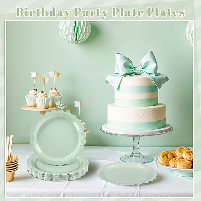 30 Pcs Sage Green Paper Plates 9 Inch Disposable Scalloped Easter Plates Cute Dessert Cake Plate Party Dinner Plate for Baby Shower, Wedding, Bridal Shower