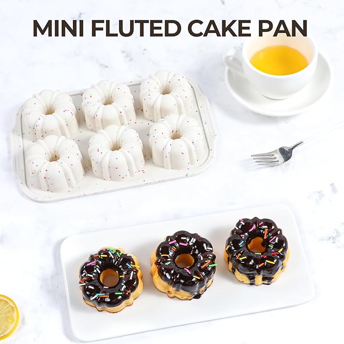 FUNBAKY Mini Fluted Tube Cake Pans for Baking with Metal Reinforced Frame, 2Pcs Silicone 6-Cavity Mini Flan Molds, Nonstick Baking Mold for Cupcake, Brownie, Donuts, Cornbread, Jello