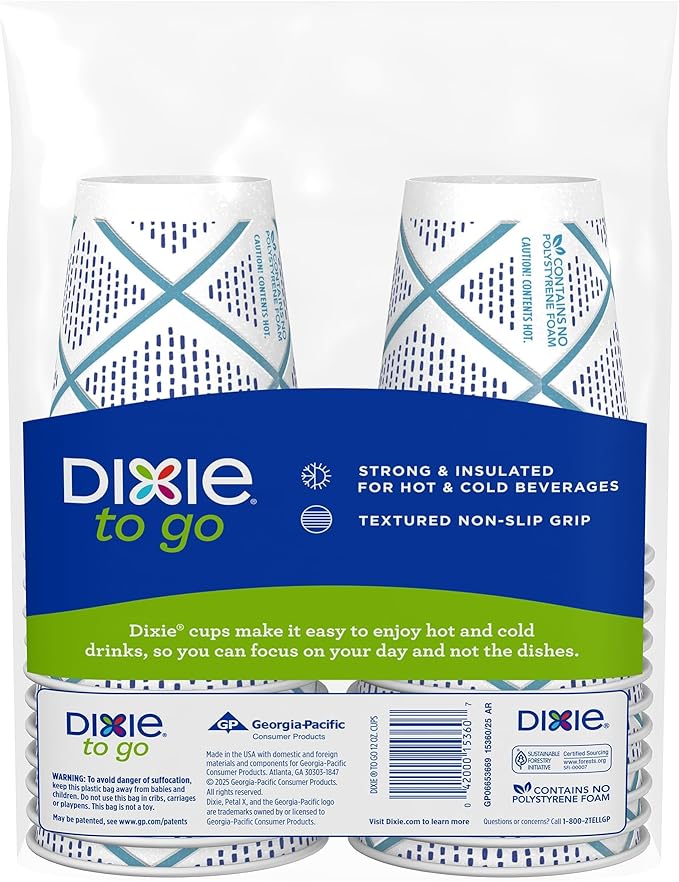 Dixie To Go Paper Coffee Cups, 12 oz, 132 Count (6 packs of 22 cups), Disposable Insulated Paper Cups for On-The-Go Hot or Cold Beverages