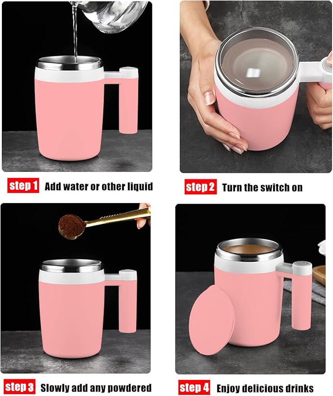 Self Stirring Mug,Rechargeable Auto Magnetic Coffee Mug with 2Pc Stir Bar,Waterproof Automatic Mixing Cup for Milk/Cocoa at Office/Kitchen/Travel 14oz Best Gift - Pink