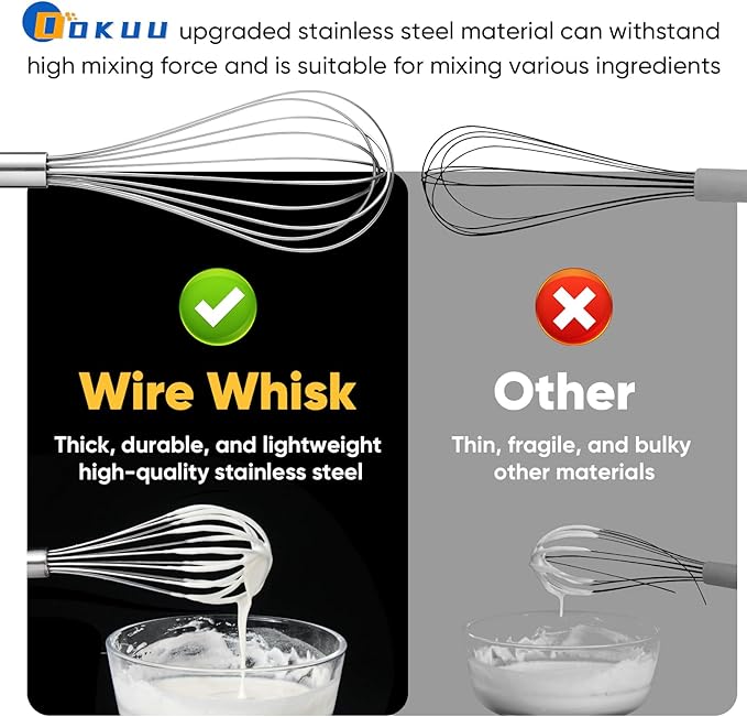 OOKUU Stainless Steel Wire Whisk Set - 3 Packs Balloon Whisk, Thick Wire Wisk ＆ Strong Handles, Egg Frother for Cooking, Blending, Whisking, Beating and Stirring (8"+10"+12")