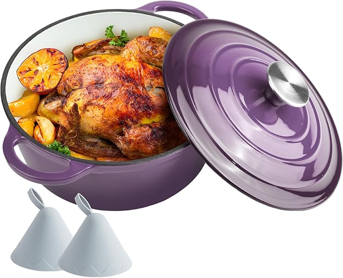 4 Quart Dutch Oven Enameled Cast Iron with Lid - Big Dual Handles - Oven Safe up to 500°F - Classic Round Pot for Versatile Cooking Purple