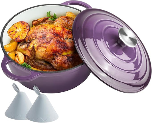 4 Quart Dutch Oven Enameled Cast Iron with Lid - Big Dual Handles - Oven Safe up to 500°F - Classic Round Pot for Versatile Cooking Purple