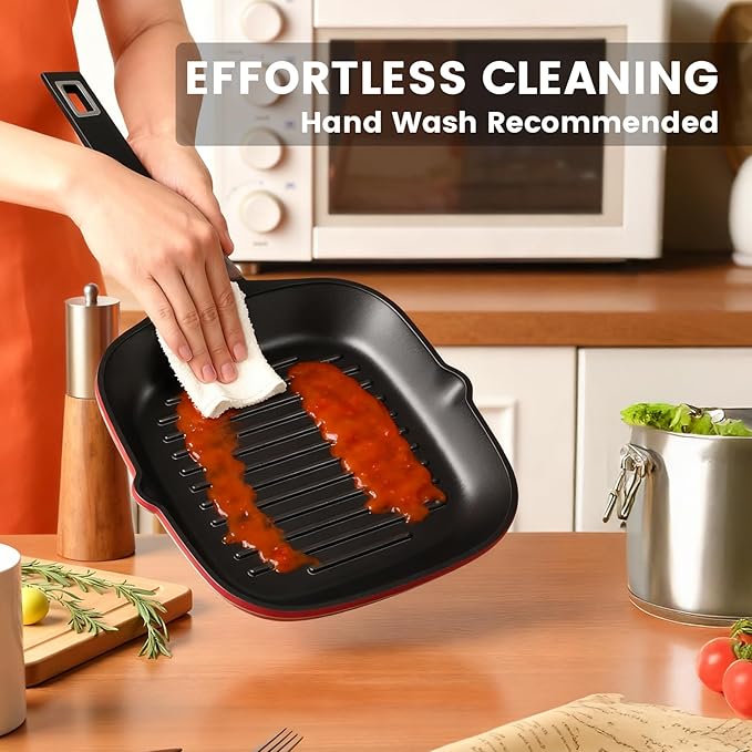 11 Inch Nonstick Grill Pan, Square Large Grilling Skillet Steak Pan for Stove Tops, Granite Coating Grill Skillet with Pour Spouts, PTFE & PFOA Free, Durable Grilling Pan for Indoor & Outdoor