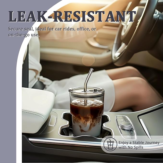 4 Packs Glass Tumbler with Lid and Straw Ice Coffee Cup Kitchen Gadgets Seller Apartment Essentials New Home Must Haves Things Stuff Accessories House Warming Housewarming Hostess Host First Gift