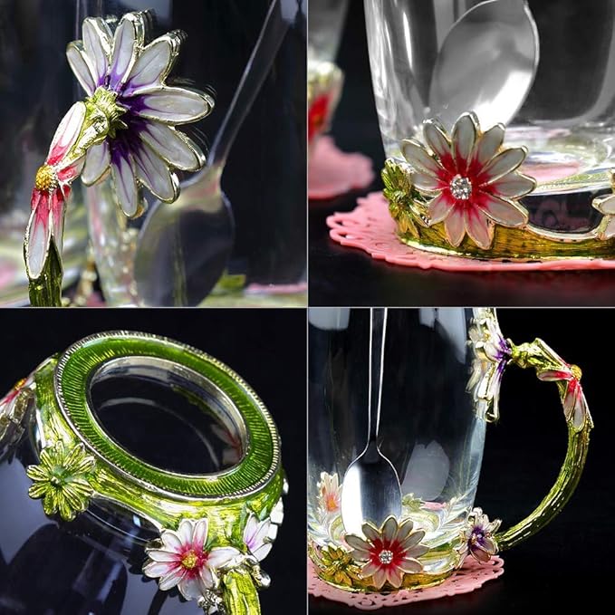 Daisy Flower Tea Cup,Handmade Glass Enamel Coffee Mugs with Delicate Spoon,Birthday Gift for Wife,Mum,Girlfriend,Teacher