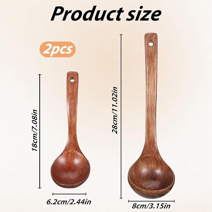Wooden Ladle for Soup, Set of 2 Wooden Spoons for for Deep Pot, Non-Stick Wooden Spoons for Cooking & Serving, Natural Wood Sauces Porridge Soup Flatware with Long Straight Handle