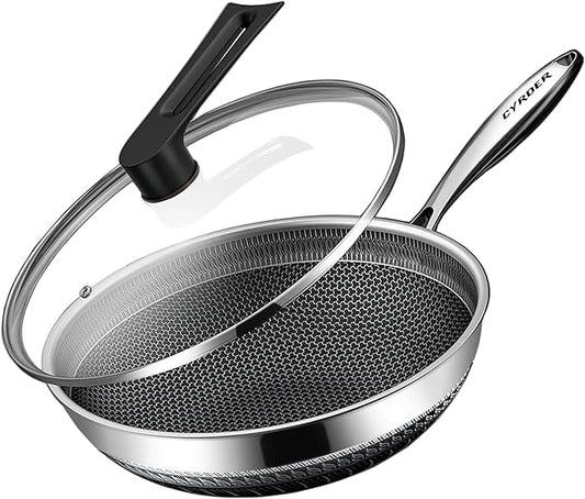 Hybrid 13.5Inch Stainless Steel Pan, PFOA Free Non-Stick Wok, Dishwasher Oven Safe, Stay Cool Handle Skillet, Works with Induction Cooktop/Ceramic/Gas/Electric Stove