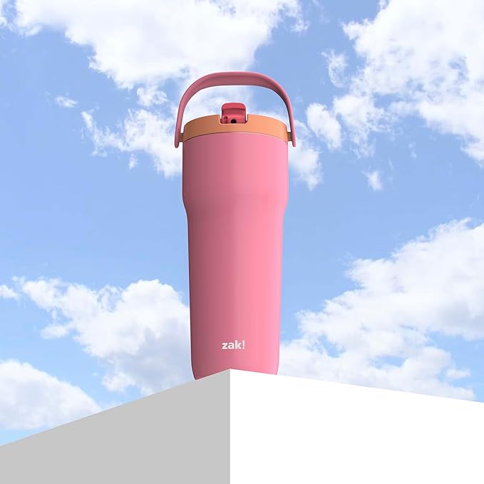 Zak Designs Sutton Travel Tumbler for On the Go, 30oz Stainless Steel with Vacuum Insulation, Straw Spout, Carry Handle for Cold Drinks (So Sweet Pink)