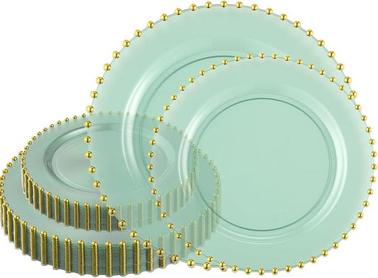 PLASTICPRO 64 Piece Combo Plastic Dinner Plates Disposable Plastic Fancy Heavy Duty Party Dishes 7 inch and 10 inch, Translucent Green and Gold Beaded
