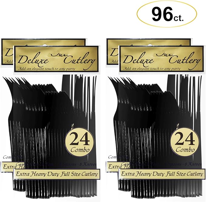 Party Essentials Extra Heavy Duty Hard Plastic Cutlery Combo Pack, Full Size Knives/Forks/Spoons, Black, 96-Pieces/ 32-Place Settings (N1224BK-4)