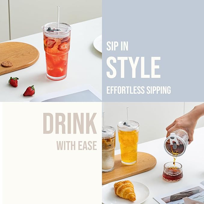 20oz Glass Tumblers with Lids and Straws, Set of 2 - Stylish Ribbed Design Drinking Glasses for Iced Coffee Cups, Juice, Smoothies, Cold Beverages, Includes Cleaning Brush, Durable Glassware