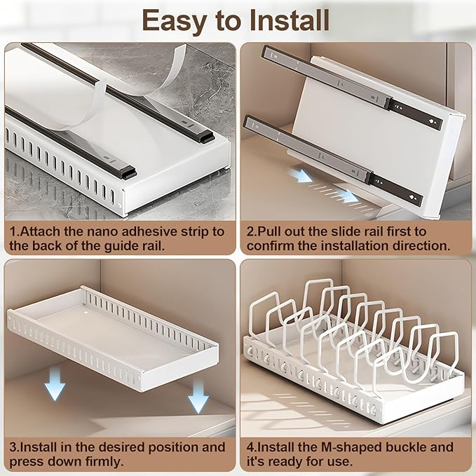 Pot and Pan Organizer under Cabinet Pull Out,Pot Lid Holder for Kitchen, Cookware Storage Rack with Slide Rails,Slide-out Drawer, White