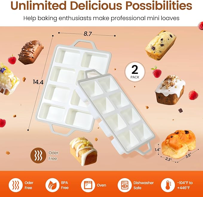 SJ Silicone Mini Loaf Pans with Metal Reinforced Frame-2 Pack, Non-stick Silicone Mini Bread Loaf Pans for Baking 8-Cavity, Tiny Banana Bread Set, Dishwasher Safe Brownie Pan-Gray