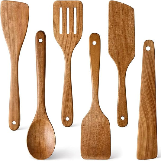 6 Pack Acacia Wood Spatula Set Non Toxic Kitchen Utensils for Cooking Spoon Flat Wooden Wok Spatula Spurtle Kitchen Tools Slotted Turner Scraper Bamboo Cooking Utensil Set Fish Egg Flipper Spatulas