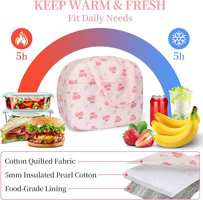 Quilted Lunch Box for Women,Coquette Aesthetic Lunch Box for Teen Girls,Cute Floral Lunch Bags for Work, School,Office,Picnic,Travel (cherry heart)