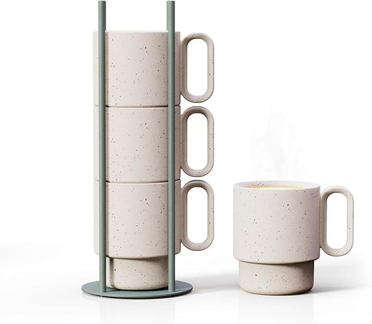Stackable Coffee Mug Set with Green Stand Rack 4x8oz Ceramic Mugs with Unique Sprinkled Optics - Powder Coated Metal Rack for Space Saving Storage - Dishwasher-Safe - Microwave & Oven Use