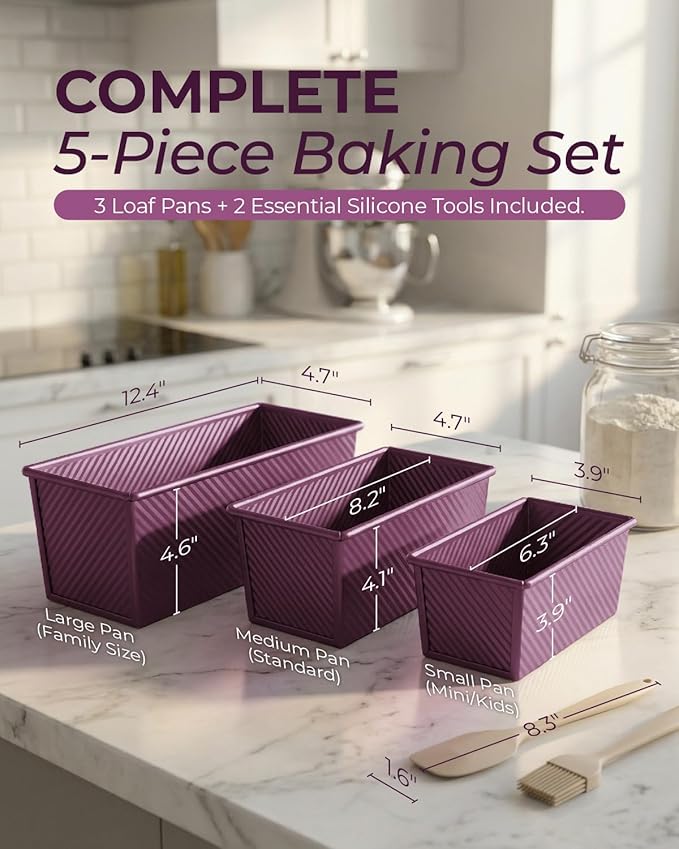 CARTMAN 3-Piece Pullman Loaf Pan with Lid Set – Non-Stick Carbon Steel Bread Pan with Bottom Vents – Includes Large (12.4"), Medium (8.2") & Mini (6.3") Sizes plus Silicone Tools – Plum Purple