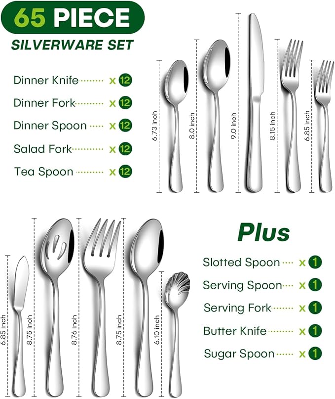 65 Piece Silverware Set with Serving Utensils, Stainless Steel Flatware Set for 12 Food Grade Novelty Flatware Cutlery Utensil Set Include Knife Fork Spoon Mirror Polished Dishwasher Safe
