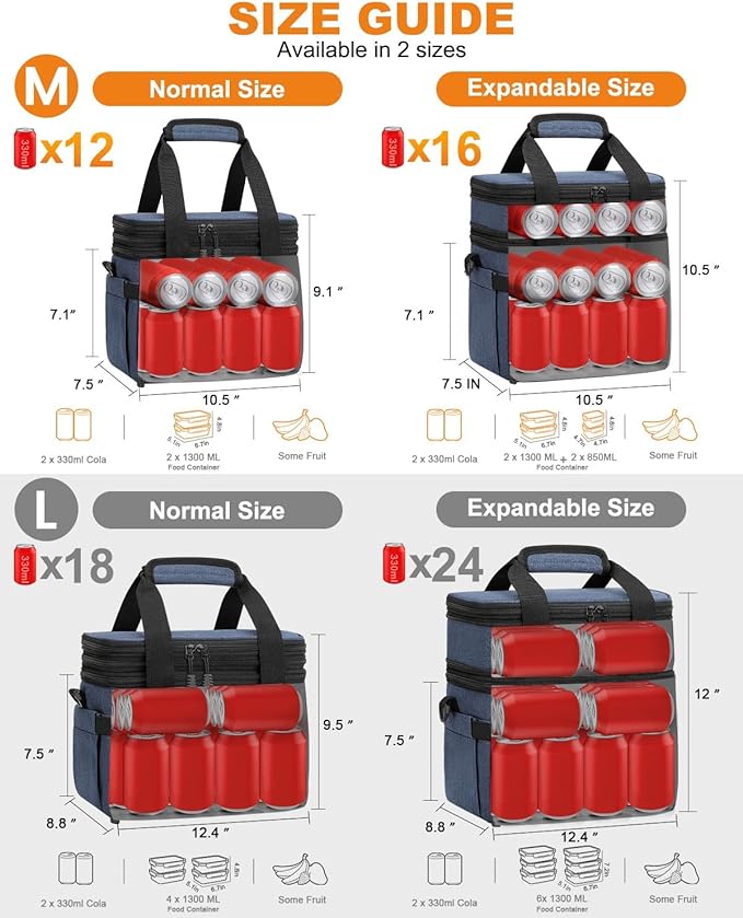 Lunch Box For Men Women Double Deck Insulated Lunch Bag For Men Woman Leakproof Expandable Cooler Bag with Adjustable Shoulder Strap for Work Picnic School(Blue,Medium)