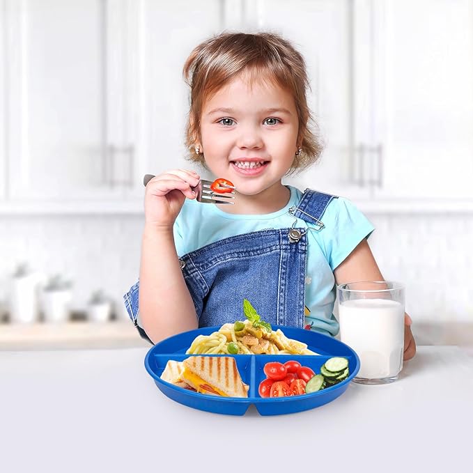greenandlife 9 Inch 4PCS Unbreakable Portion Control Plates, Divided Plates for Kids Adults, Dishwasher & Microwave Safe Compartment Plate, Lightweight Reusable Wheat Straw Plate, BPA Free