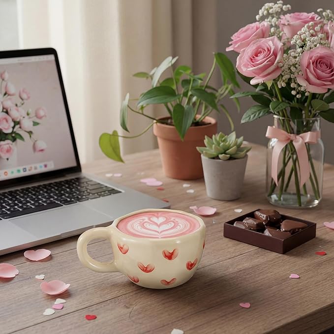 Vesici 2 Pcs Ceramic Coffee Mugs with Spoon, Vintage Floral Spring Mugs with Handle, 8.5 oz Aesthetic Flower Porcelain Tea Cup Set, Dishwasher & Microwave Safe for Home Office Gift(Heart,Rose)