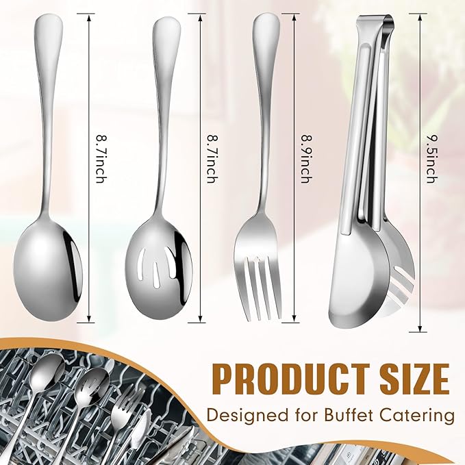 19 Pieces Serving Flatware Set Including Stainless Steel Spatulas, Forks, Spoons, Perforated, Soup, Skimmers Spoon, Buffet Tongs, Heavy Duty Serving Tongs for Home(Silver)