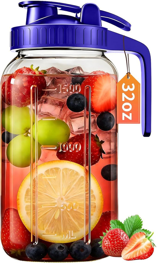 32oz Glass Pitcher with Lid & Spout – 1 Quart Mason Jars, Airtight & Leakproof Breastmilk Pitcher for Cold Brew Coffee, Sun Tea, Water, Juice – Wide Mouth, Fridge Safe
