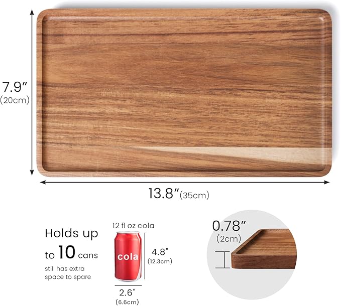 2 Pack Acacia Wood Serving Tray,13.8x7.9 Inch Decorative Trays Platter for Coffee Table,Living Room,Bar,Party,Mini Charcuterie Boards Cheese Board,Home Decor