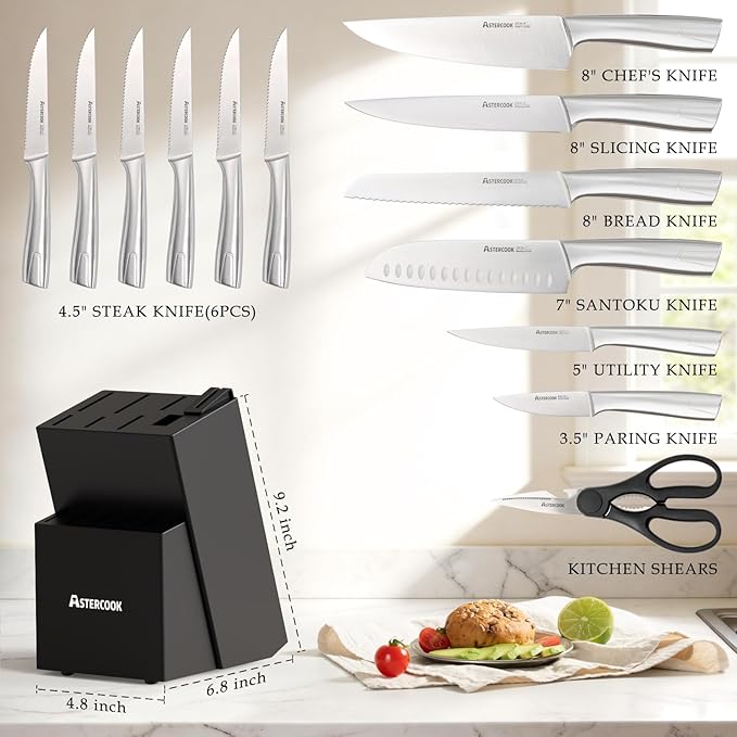 Astercook Knife Set, Kitchen Knives Set with Block and Sharpener Full Tang 15 Pcs Premium Stainless Steel Knives, Dishwasher Safe Knife Set with Anti-slip Ergonomic Handle, Black