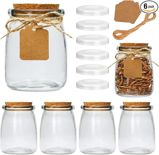 Brajttt Mini Yogurt Jars 6 Pack, 7 oz Glass Favor Jars with Cork Lids, Pudding Containers with Lids, Mason Jar Wedding Favors Honey Pot with Label Tags and String