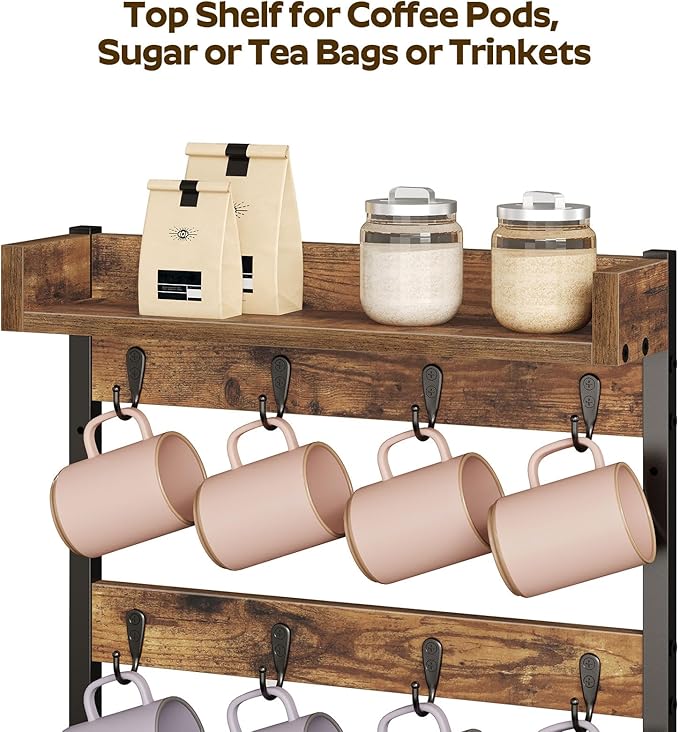 Coffee Mug Holder Stand, 3 Tier Mug Tree Rack, Hanging 12 Cups, with Top Shelf, for Kitchen, Dining Room, Living Room, Cafe, Rustic Brown MH42BR