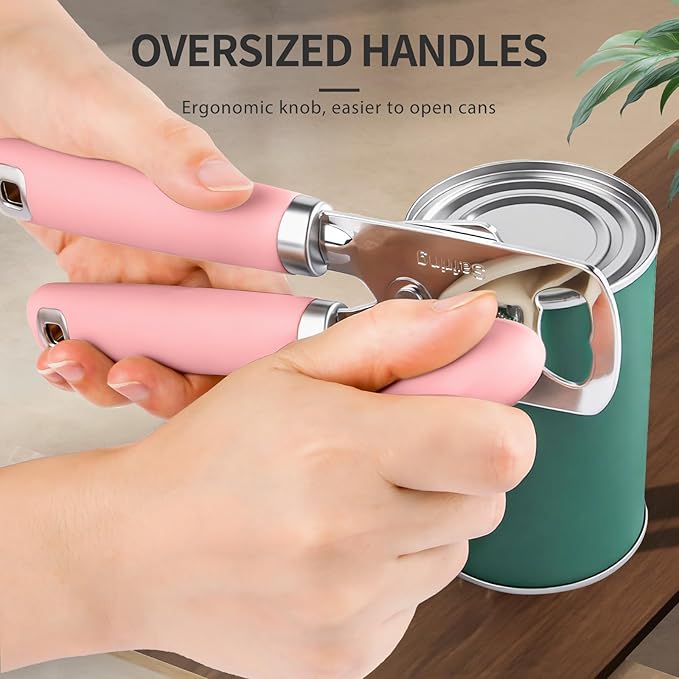 Can Opener Manual, Heavy Duty Stainless Steel Smooth Edge Can Openers With Soft Touch Handle, Oversized Handheld Easy Turn Knob, Multi-Function Bottle Opener, Pink