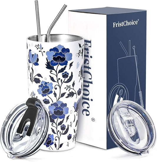 30 oz Tumbler with Lids and Straws Double Wall Insulated Tumbler Cup,Stainless Steel Vacuum Tumbler Powder Coated Travel coffee Mug for Cold and Hot Drinks,Blue and White Porcelain