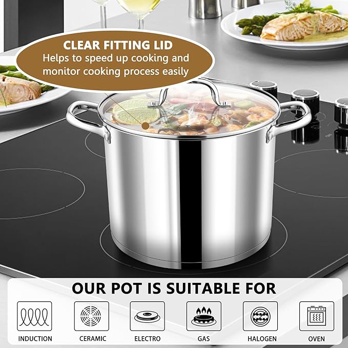 P&P CHEF 10 QT Stock Pot with Lid, Stainless Steel Large Cooking Pot, Soup Canning Stockpot for Stewing Simmering, Tri-ply Bottom for All Stoves, Heavy-Duty &Dishwasher Safe & Food-Grade