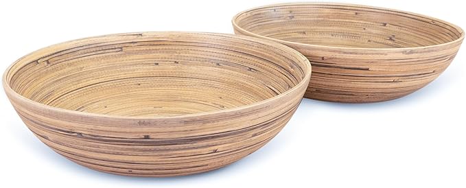 LEXA 12" Handmade Bamboo Salad Bowl – 130 oz Large Wooden Fruit Bowl for Kitchen Counter, Black Bamboo, Pack of 2