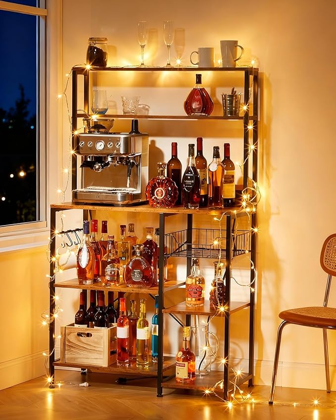 IDEALHOUSE Kitchen Bakers Rack with Power Outlets, 5-Tier Microwave Stand with 2 AC Outlets, USB & Type-C Ports, Coffee Bar Station with 6 S-Hooks and Basket, 35.43 x 15.75 x 60 Rustic Brown