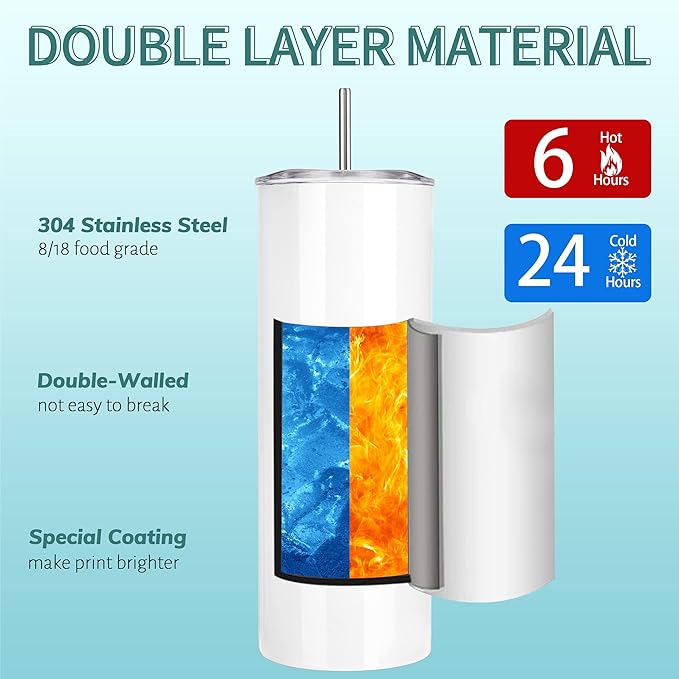 D·S 10 Pack Sublimation Tumblers Bulk 20 oz Skinny Straight Flat Bottom Blank Tumbler Cups with Individual Gift Boxed for Heat Transfer DIY Craft