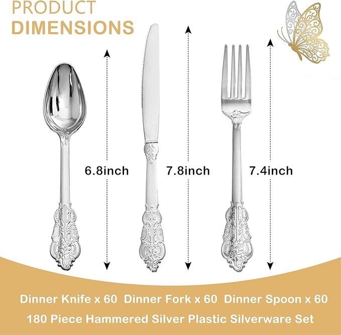 Supernal 360pcs Plastic Silverware, Silver Disposable Cutlery, Silver Plastic Silverware Include 120 Forks, 120 Spoons, 120 Knives, Disposable Utensils Perfect for Birthday, Party, Wedding