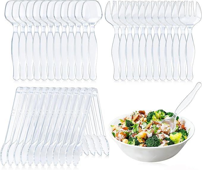 36Pcs Clear Plastic Serving Utensils Disposable Serving Spoons Forks Tongs for Party Utensils Supplies for Dinner Parties Buffets Salad Noodles Soup and Weddings (Clear)