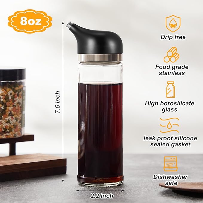 2 Pcs Cruet Dispenser Set 8 oz, White and Black Glass Soy Sauce Dispenser, Small Olive Oil and Vinegar Bottles, Soy Sauce Bottle, Non Drip Spout Cruet Bottle for Kitchen Cooking