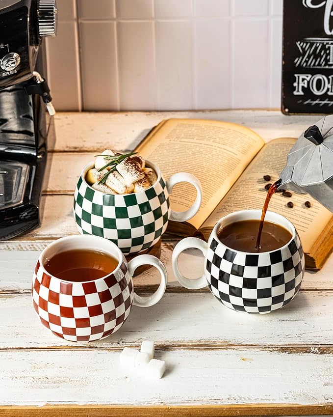 LAUCHUH Coffee Mug Set of 6, 18 oz Large Porcelain Coffee Mugs Checkered Coffee Cups with Handle Cappuccino Cups for Mother's Day, Tea, Cocoa, Milk, Latte, Mocha, Black and White