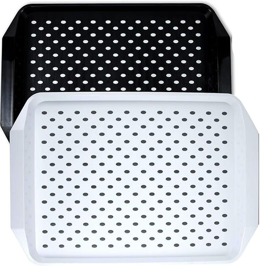 Large Non Slip Serving Tray with Grippy Dots, TV Lap Trays for Eating on Couch, Meal Serve for Dinner Breakfast, Rectangular Food Carrying for Plates, Glasses, Dishes, Set of 2,Black and White